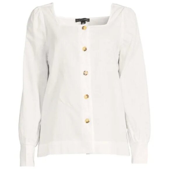 SAKS FIFTH AVENUE Linen Blend top blouse shirt SIZE M Squareneck Exclusivity NWT - Picture 1 of 13